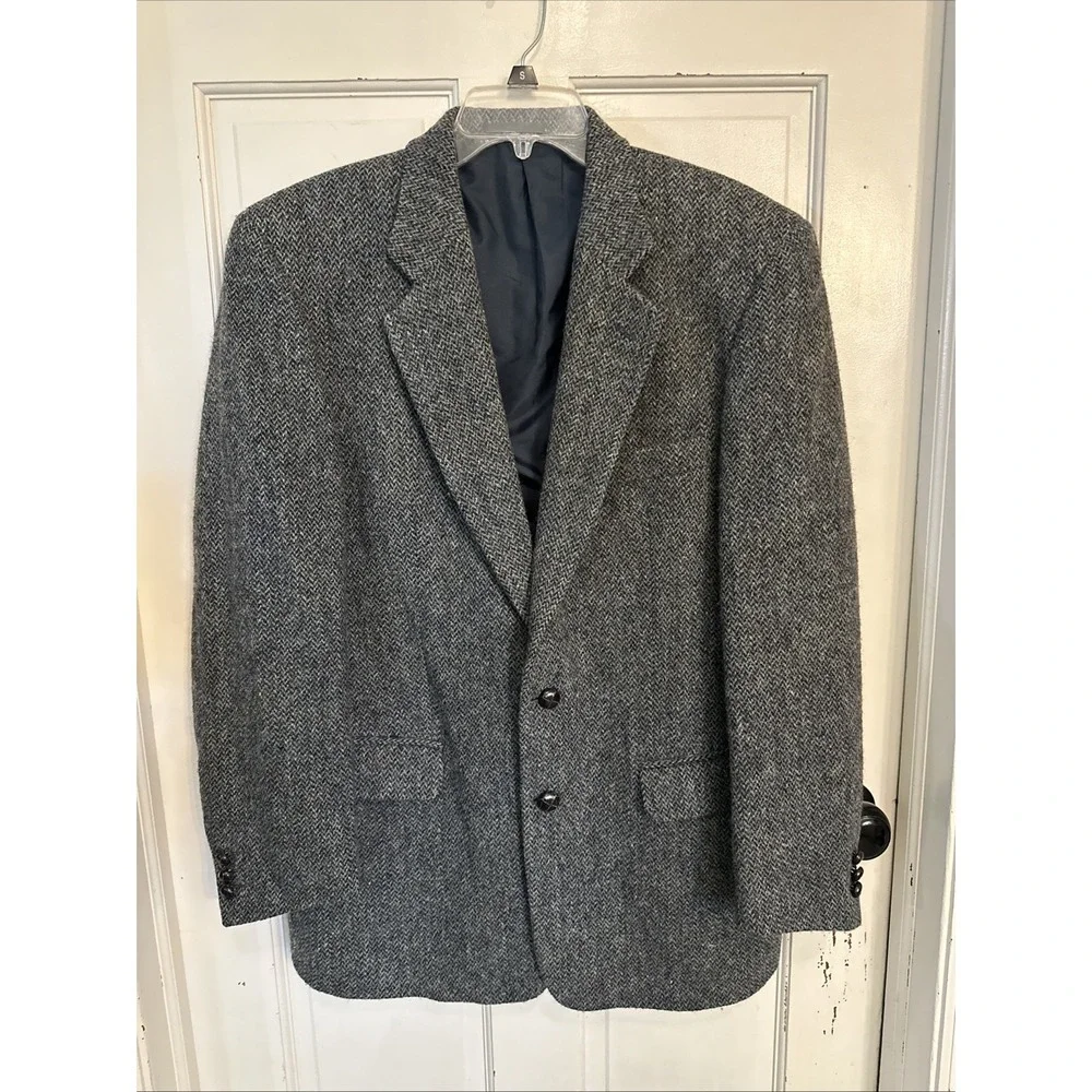 Brook Taverner HARRIS TWEED Jacket Sz. 40R Navy Herringbone Blazer Scotland
